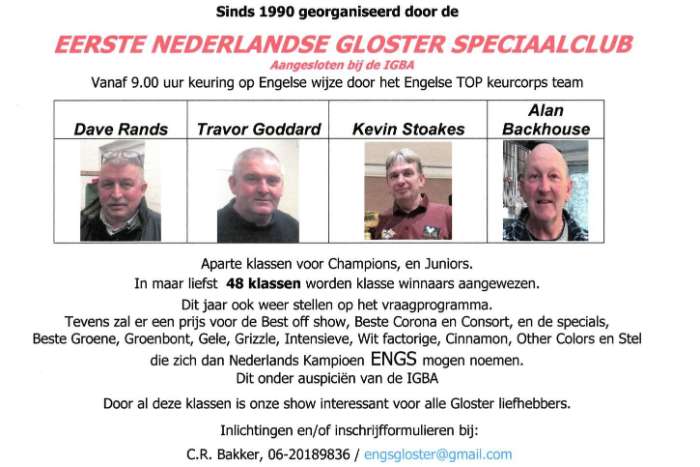 eendaagse gloster show, u kunt vandaag nog inschrijven